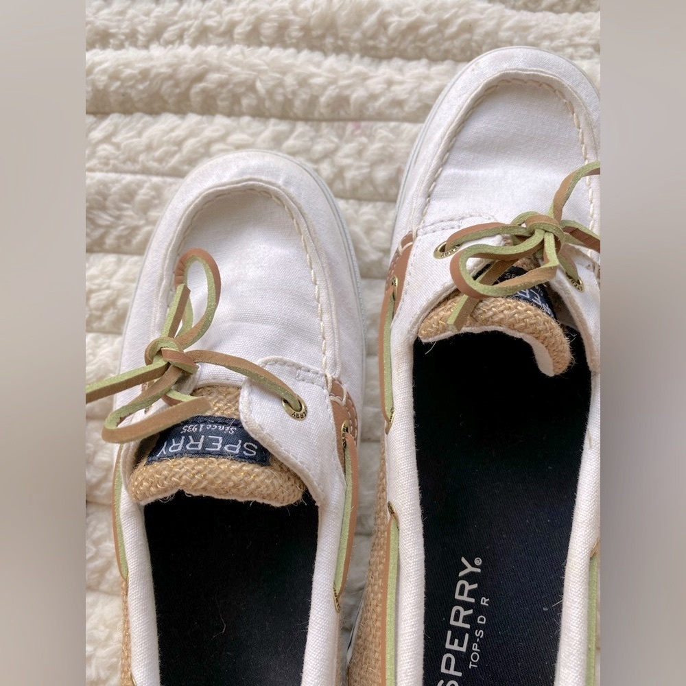 Sperry Top-Sider Women’s Boat Shoes Size 8.5M White Canvas & Tan Leather - Picture 8 of 9